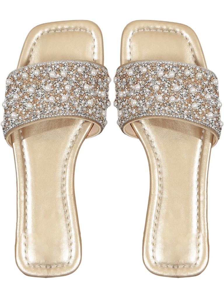 Women's Gold Rhinestone Flat Sandals Squared Slip On Open Toe Slide Slippers